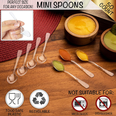 Loreso 50CT Mini Clear Plastic Dessert Spoons for Tasting Party, Ice Cream, Small Catering Supplies - Reusable BPA Free