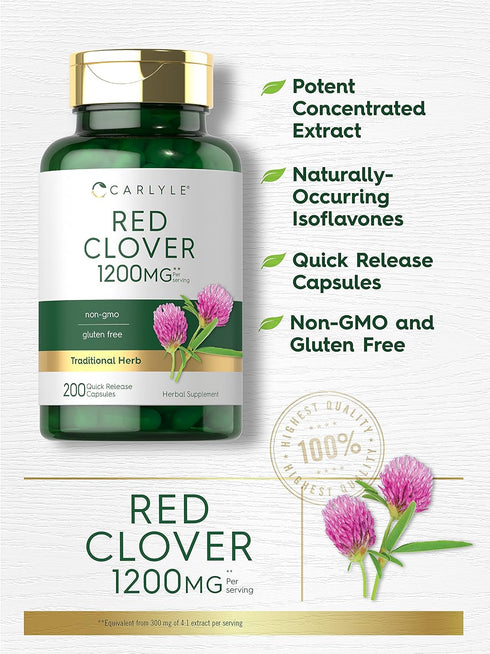 Carlyle Red Clover Capsules 1200mg | 200 Count | Non-GMO, Gluten Free | Trifolium Pratense Extract Supplement
