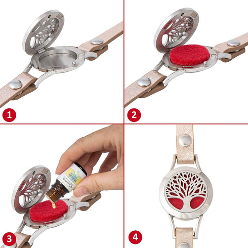Wild Essentials 12 Tree of Life Essential Oil Bracelet Diffuser, Leather Wrap Band, Stainless Steel Locket Pendant
