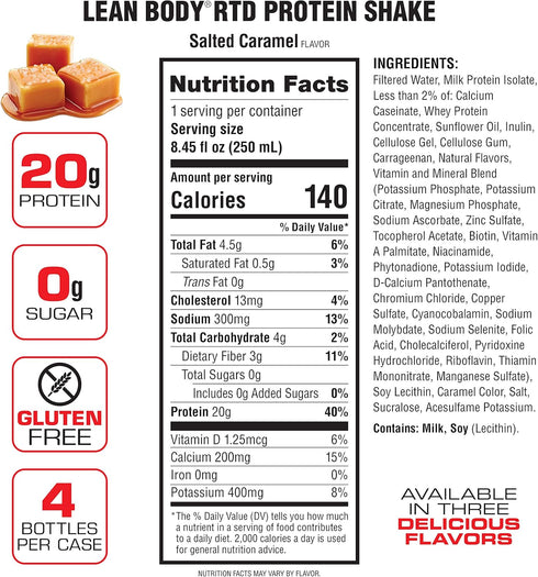 Lean Body Ready-to-Drink Salted Caramel Protein Shake, 20g Protein, 22 Vitamins & Minerals, Pack of 4
