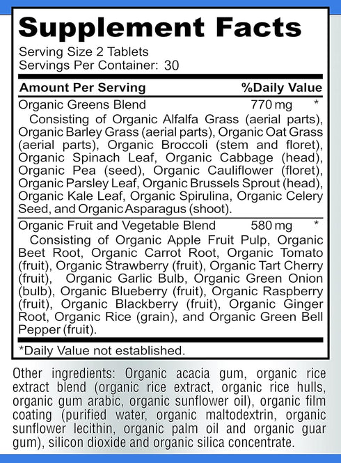 Superfood Greens - 28 Fruits and Vegetables, Natural Antioxidants - 60 Tablets with Alfalfa, Spirulina, Beet Root