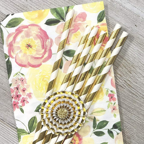 Navy Blue and Gold Foil Paper Straws, Stripe Chevron Solid, 100 Pack