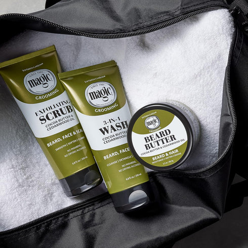 Softsheen-Carson Magic Shaving Beard Grooming Kit for Men, Cedarwood Oil Beard Butter, Scrub and Cleanser Gift Set