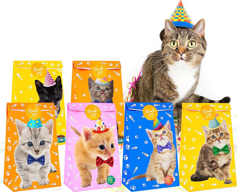 Cat Gift Bags Kitten Paper Goodie Bags, 12PCS for Kids Birthday, Pet Adoption, Cat Theme Party Supplies