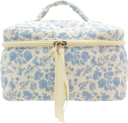 PAZIMIIK Cotton Makeup Bag for Women, Large Quilted Travel Cosmetic Case, Little Flower Blue