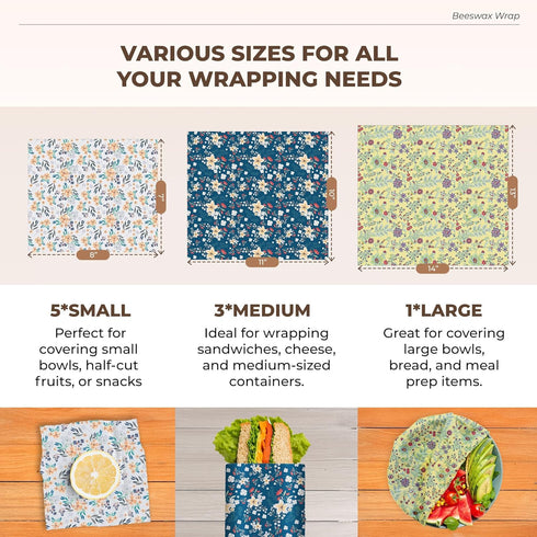 Reusable Beeswax Food Wraps 9-Pack, Organic Eco-Friendly Sustainable Plastic-Free for Sandwiches, Bread, Produce &