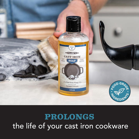 CLARK'S Cast Iron Coconut Soap, 12 oz, Plant Based Castile for Cookware, Vegan Friendly