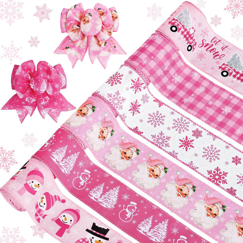 Whaline 6 Rolls Christmas Wired Edge Ribbon 30 Yards Pink Buffalo Plaid Santa Snowman Snowflake for Gift Wrapping Crafts