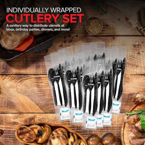 Individually Wrapped Plastic Cutlery Set with Napkin + Salt & Pepper Packets, 50 Count Prewrapped Disposable Silverware