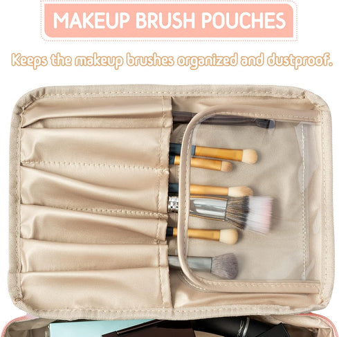 Preppy Patch SKIN Large Capacity Makeup Bag, Travel Toiletry Organizer with Brush Bags, Reusable Cosmetic Case (Pink)