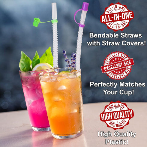 Bendable Straws with Covers Cap - 11 inch Long Flexible Straws, Bendy Drinking Straws Reusable with Covers Cap,