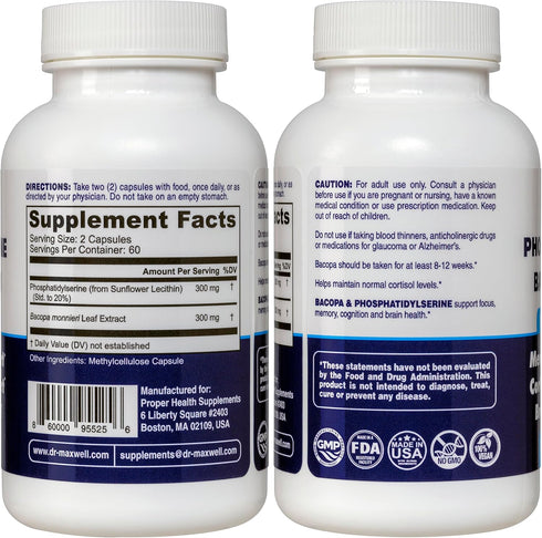 Phosphatidylserine & Bacopa Monnieri Supplement - 300mg, 120 Capsules, Memory Support, No Fillers