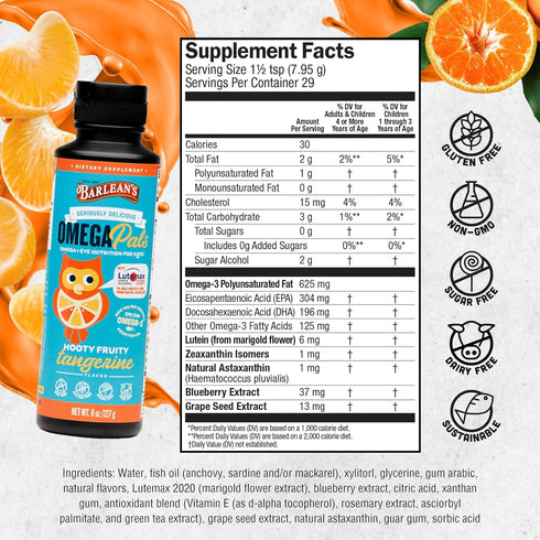 Barlean's Omega Pals Eye Health Liquid, Tangerine Flavored Omega 3 for Kids, 8 oz with 500 mg of EPA & DHA