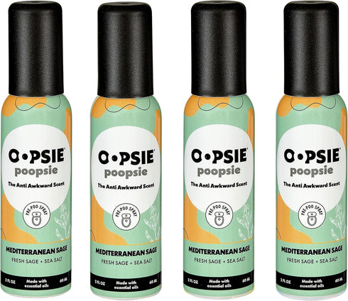 Pre Poop Spray, 4 Pack Natural Toilet Spray, 2oz Travel Size, Trap Odors & Eliminate Embarrassment (Mediterranean Sage)