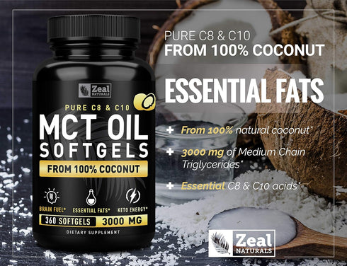 Pure MCT Oil Capsules - 360 Softgels | 3000mg, 4 Month Supply Keto Pills w Unrefined Coconut