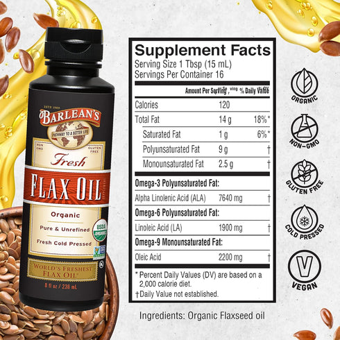 Barlean's Organic Flaxseed Oil Liquid | 7,640mg ALA Omega 3 Fatty Acid Supplement | Vegan & Gluten Free from Fresh Cold