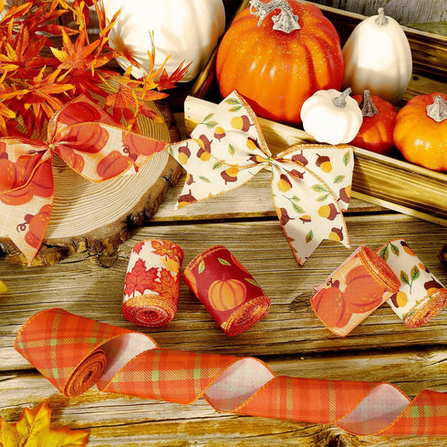 Whaline 6 Rolls 30 Yard Fall Thanksgiving Wired Edge Ribbon, Autumn Plaid Pumpkin Maple for Gift Wrapping
