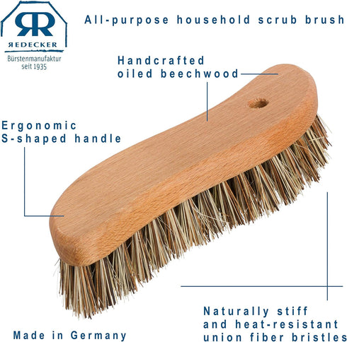 Redecker S-Shaped Scrub Brush with Oiled Beechwood Handle, 8-1/4 inches, Unique Shape for Corners, Made in Germany