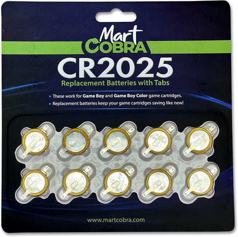 Mart Cobra CR 2025 Batteries with Solder Tabs, 10-pack for Gameboy Color Cartridge Replacement