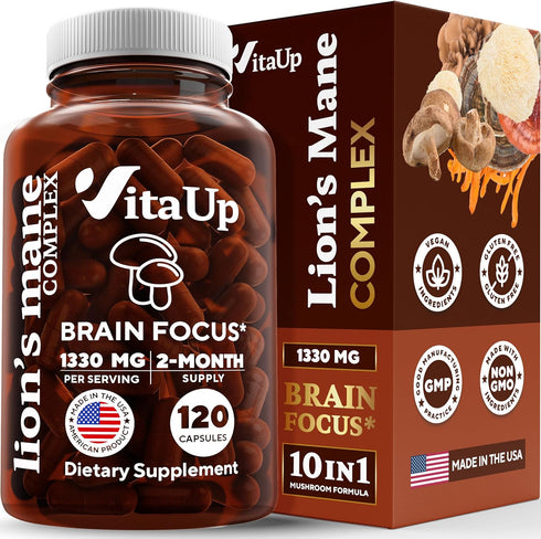 Lions Mane Supplement Capsules, USA Made Lion's Mane Mushroom Complex 1330mg with Cordyceps, Shiitake, Reishi, 120 Count