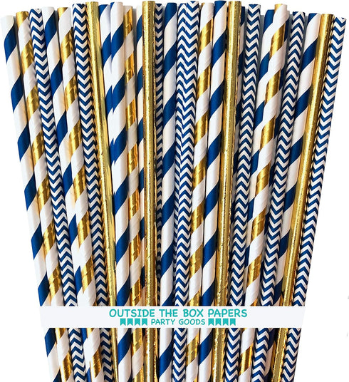 Navy Blue and Gold Foil Paper Straws, Stripe Chevron Solid, 100 Pack