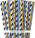 Navy Blue and Gold Foil Paper Straws, Stripe Chevron Solid, 100 Pack