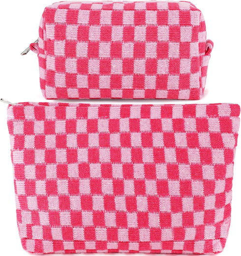 2Pcs Checkered Makeup Bag Set for Women, Large Cosmetic Bag, Travel Toiletry Pouch, Cute Pink Storage Organizer