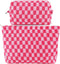 2Pcs Checkered Makeup Bag Set for Women, Large Cosmetic Bag, Travel Toiletry Pouch, Cute Pink Storage Organizer