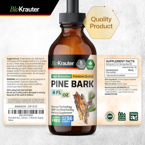 Pine Bark Extracts Tincture - 400 mg Organic French Maritime Pine Bark Extract Drops, Vegan & Sugar Free, 2 Months