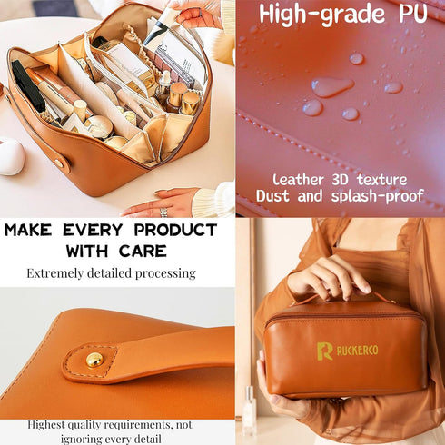 Large Capacity Travel Makeup Bag, Waterproof Portable Pouch, Open Flat Toiletry Organizer with Divider and Handle,