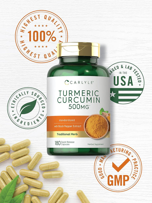 Carlyle Turmeric Curcumin with Bioperine | 500 mg | 180 Powder Capsules | Non-GMO, Gluten Free