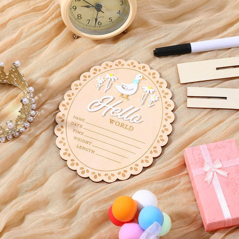 Tucnoeu Baby Announcement Sign, Wooden Hello World Newborn Welcome Sign, Hes Here Card Birth Stats Signs Newborn Photo