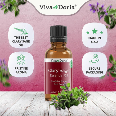Viva Doria 100% Pure Clary Sage Essential Oil, Undiluted, Food Grade, 30 mL (1 Fl Oz)