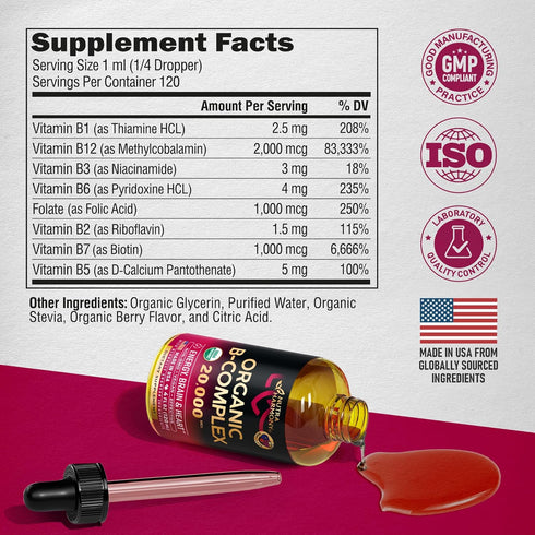 USDA Organic Vitamin B-Complex - B5 Pantothenic Acid, B12 Methylcobalamin, B1 Thiamine, B6 Pyridoxine, B7 Biotin, B9