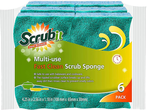 SCRUBIT Multi-Use Scrub Sponge, Non-Scratch Kitchen Sponges for Dishes, Heavy Duty & Odor-Free, 6 Count