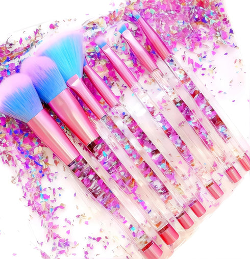 Unicorn Fan Makeup Brush Set, Crystal Sparkles Blue Blush Powder, Lip, Eye Shadow Brushes
