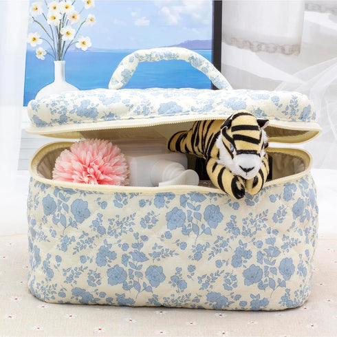 PAZIMIIK Cotton Makeup Bag for Women, Large Quilted Travel Cosmetic Case, Little Flower Blue