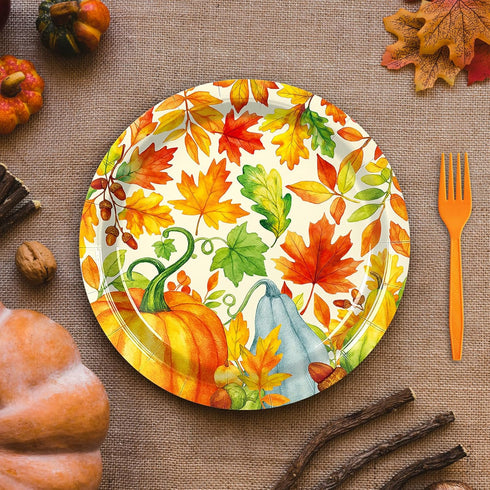 Temicle 96 Set 24 Pieces Fall Thanksgiving Tableware Pumpkin and Autumn Leaves Disposable Plates, Napkins, and Forks