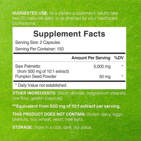 Saw Palmetto Supplement 5000mg with Pumpkin Seed, 300 Capsules | Promotes Prostate Health | DHT Blocker | Hair Growth Vitamins, Maintain Normal Urinary Frequency