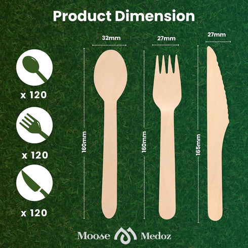 360 Count Disposable Cutlery Set, Heavy Duty Wooden Compostable Utensils, 120 Forks, Knives, Spoons
