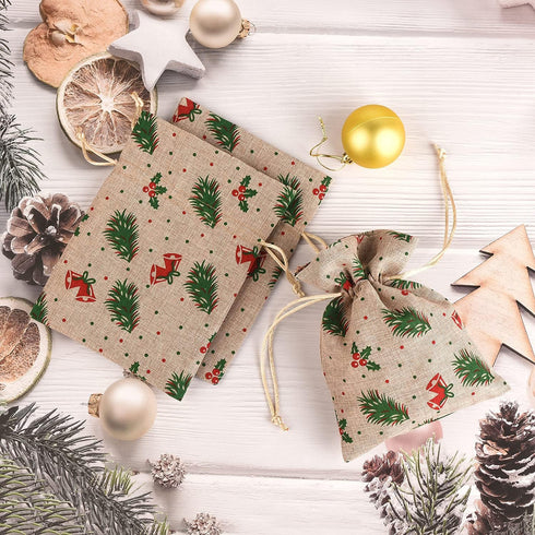 XCFWin 12 Pack Christmas Gift Bags with Drawstring, Reusable Designs for Christmas Party Supplies (Pine Branch, 13 *