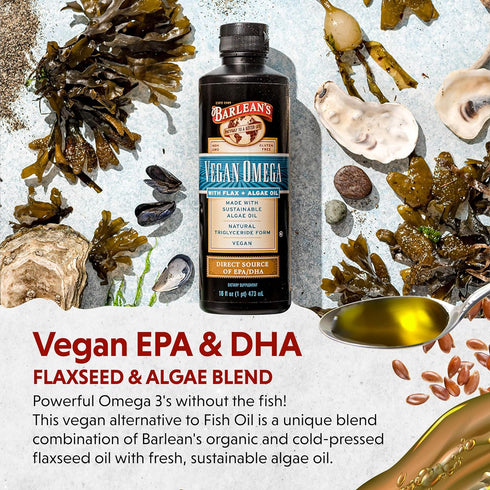 Barlean's Vegan Omega Liquid Flax and Algae Oil Supplement, Plant Based EPA DHA from Algal Oil and Organic Flaxseed, 16