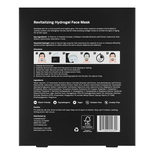 HommeFace Revitalizing Hydrogel Facial Mask Set for Men, 5ct Hydrating Anti-aging Face Sheet Mask with Hyaluronic Acid