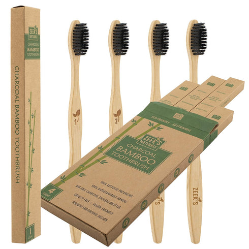 Zeek's Naturals LLC Biodegradable Eco-Friendly Natural Bamboo Charcoal Toothbrushes - Pack of 4 - Numbered