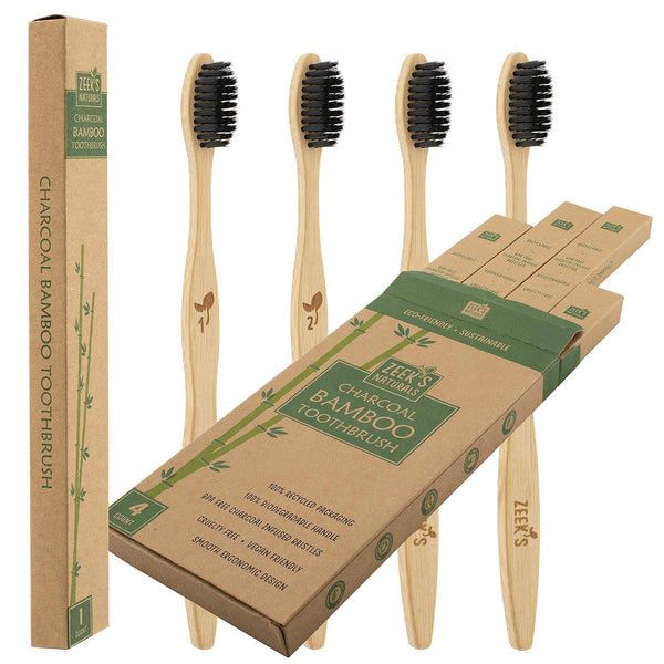 Zeek's Naturals LLC Biodegradable Eco-Friendly Natural Bamboo Charcoal Toothbrushes - Pack of 4 - Numbered