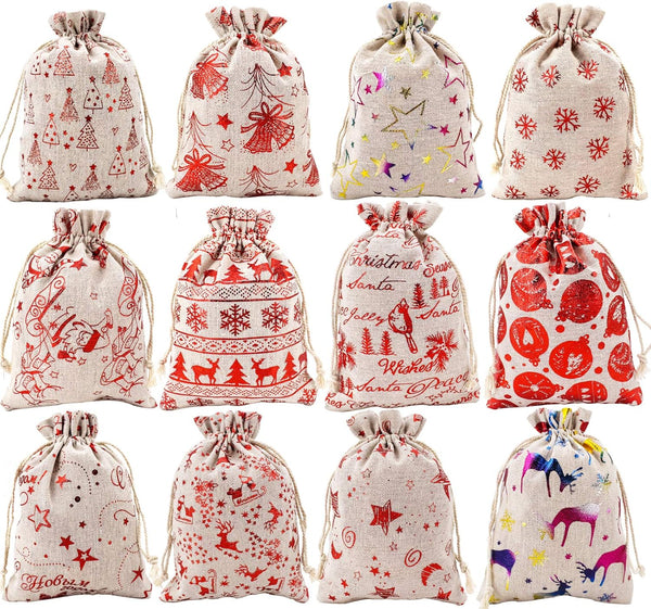 AOOTOOSPORT 12 Pcs Christmas Burlap Bags with Drawstring, 5 x 7 Inch Favor Bags for Jewelry, Candy