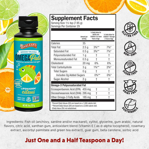 Barlean's Omega Pals Lipsmackin' Citrus Flavored Omega-3 for Kids, 8 oz Liquid Fish Oil Supplement