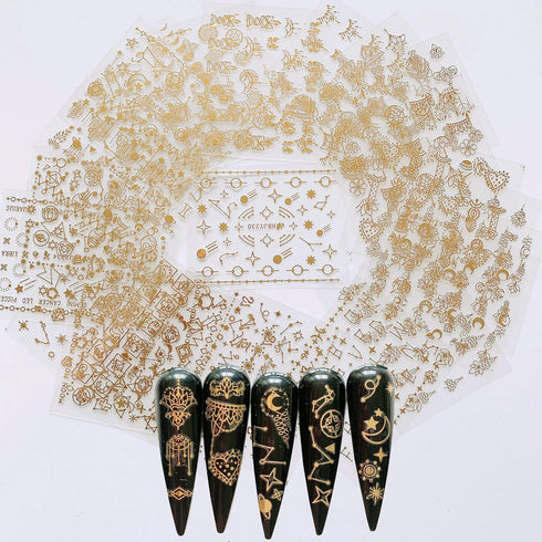 NAIL ANGEL 24 Sheets Nail Art Adhesive Gold Color Sticker Sheets - Moon Star & Flower Shapes