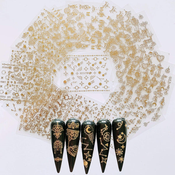 NAIL ANGEL 24 Sheets Nail Art Adhesive Gold Color Sticker Sheets - Moon Star & Flower Shapes