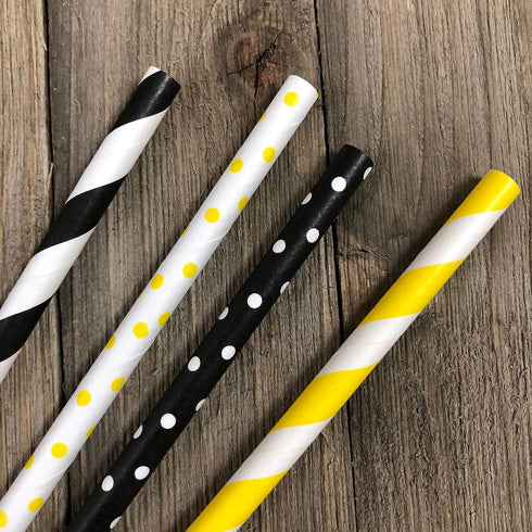 Outside the Box Papers Bee Theme Paper Straws, 7.75 Inches, 100 Pack - Black, Yellow, White Striped and Polka Dot